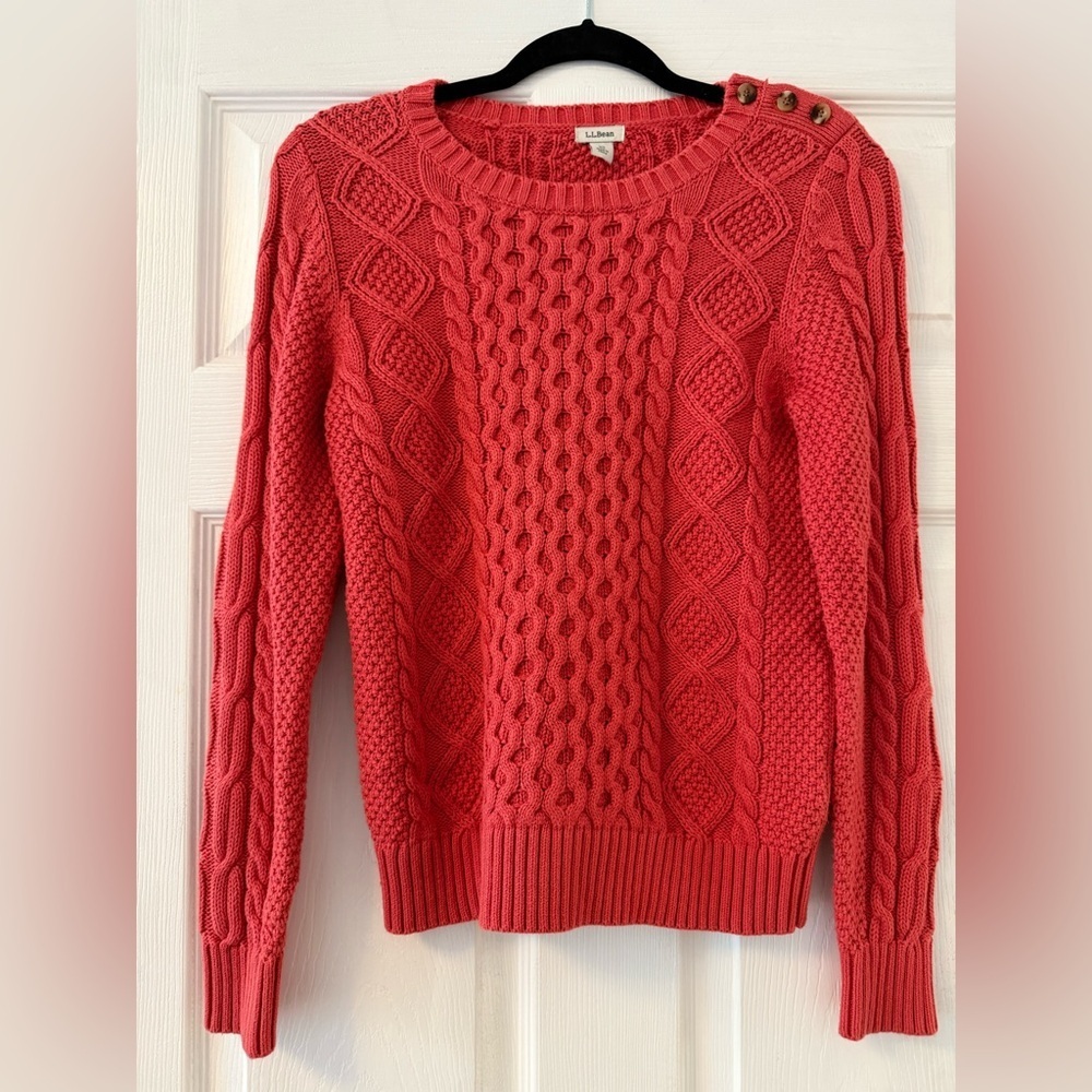 L.L Bean Women’s Fuchsia Cable Knot Fisherman Sweater 100% Cotton Size X Small